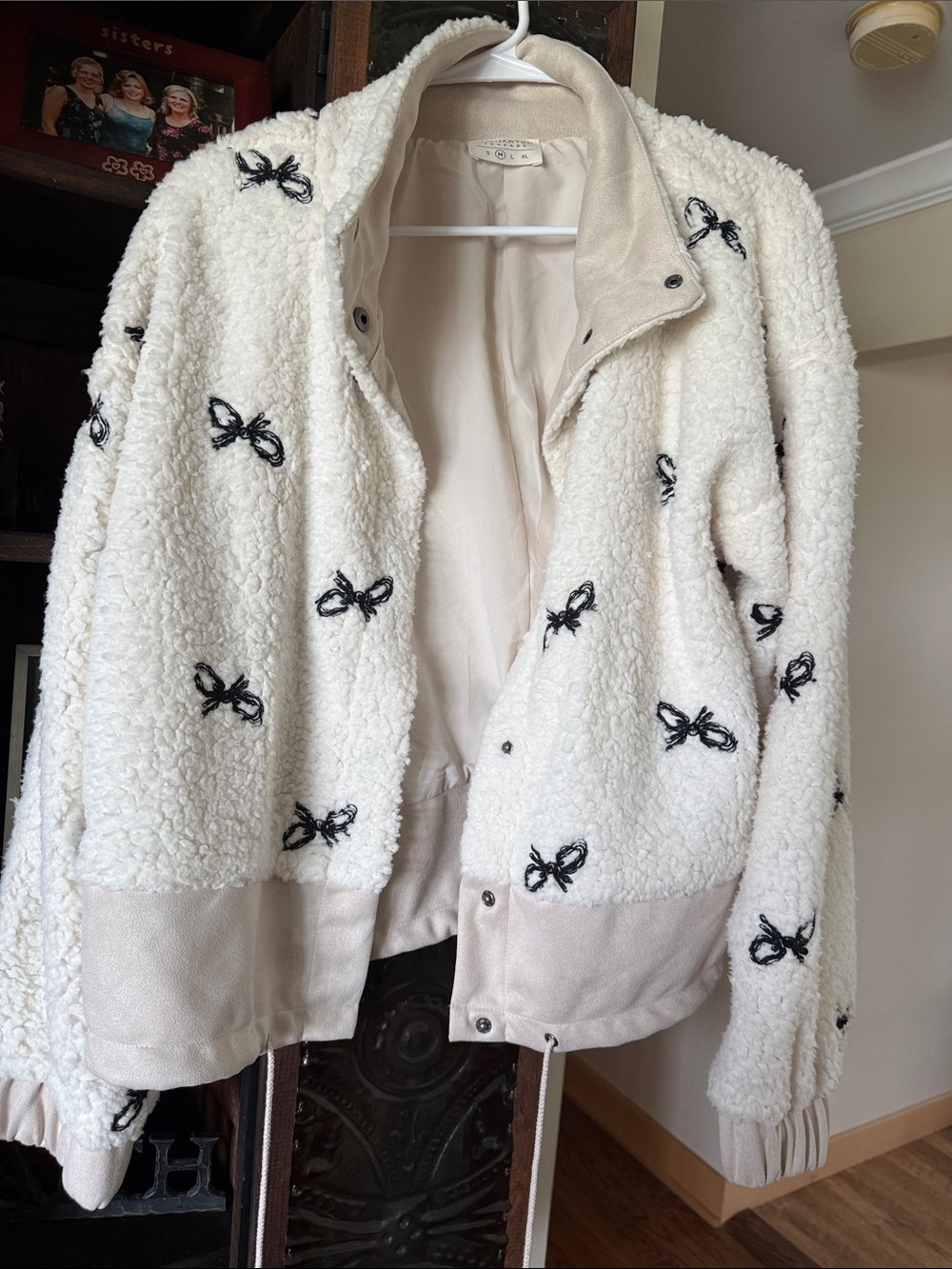 Women's Cream Sherpa Jacket with Black Bow Embroidery